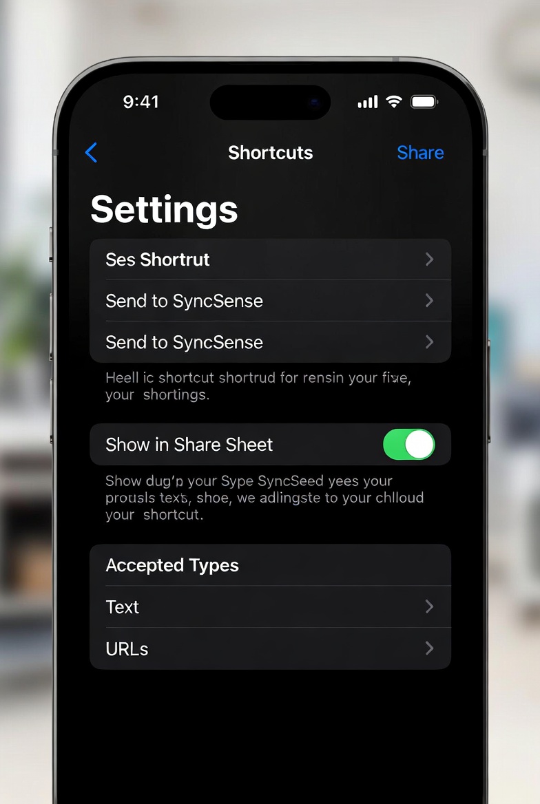 iPhone screenshot: enabling Show in Share Sheet with Text and URLs