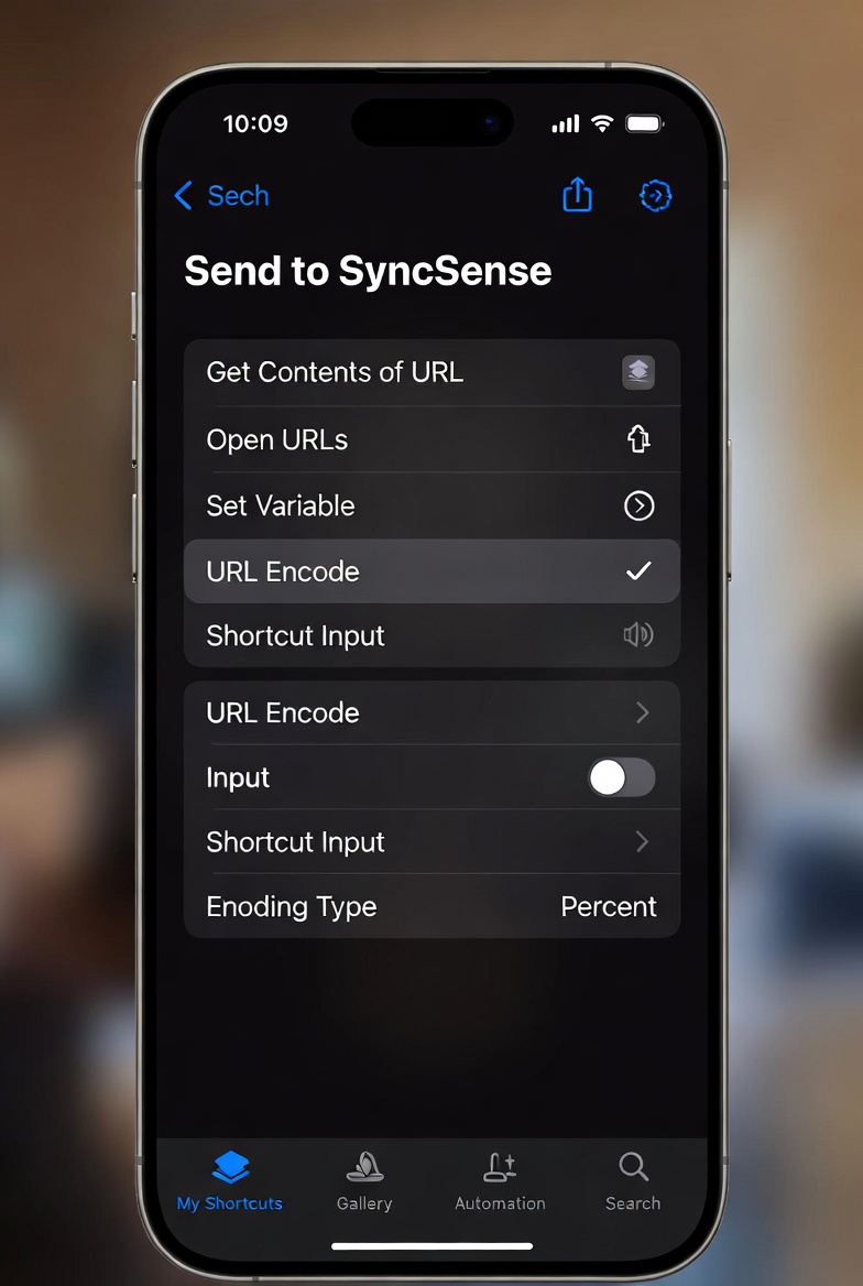 iPhone screenshot: adding the URL Encode action with Shortcut Input