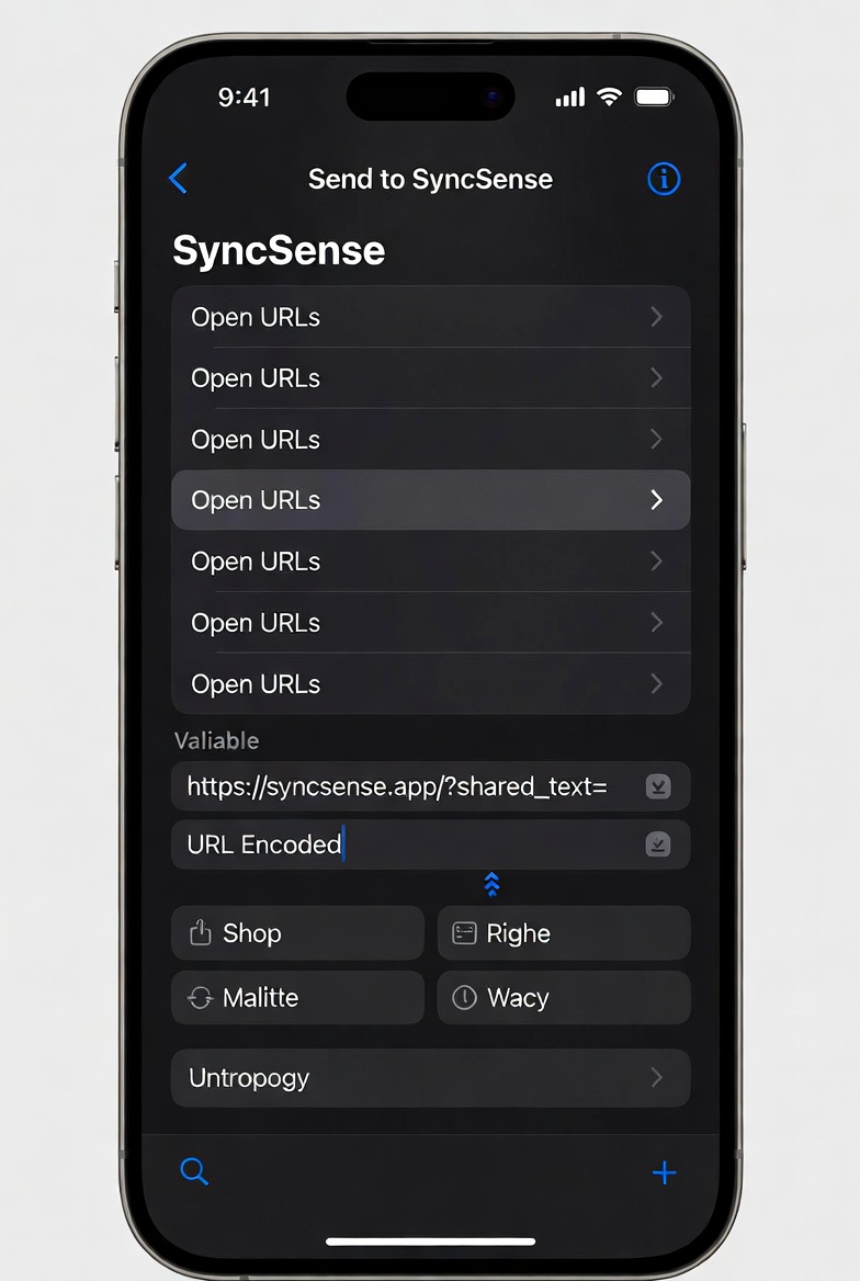 iPhone screenshot: adding the Open URLs action with the SyncSense address